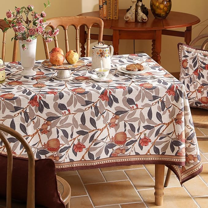 patdrea Designer Vintage Rectangle Tablecloth,Linen Pomegranates and Leaves Pattern Tablecloths,Fall Table Cover Cloth Decor for Kitchen Dining Christmas,Thanksgiving,63"x87"-Tehran a