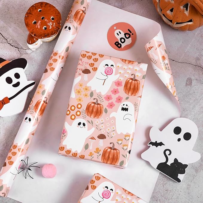 LeZakaa Pink Halloween Wrapping Paper Roll, Cute Ghosts Pumpkins Fall Florals in Pink Spooky Design Trick-or-Treat Gift Wrap for Girls, Kids, Soft Aesthetic Halloween Gifts, Mini Roll 17 in x 16.4 Ft