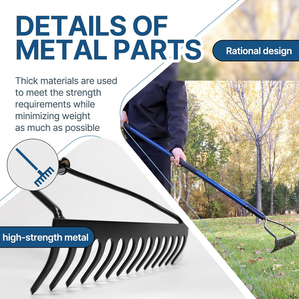 WIKER 14 Tine Metal Garden Rake 57 Inch Heavy Duty Lawn and Soil Leveling Rake with Fiberglass Handle Anti Rust Coating for Gardening Mulch Gravel and Leaf Cleanup