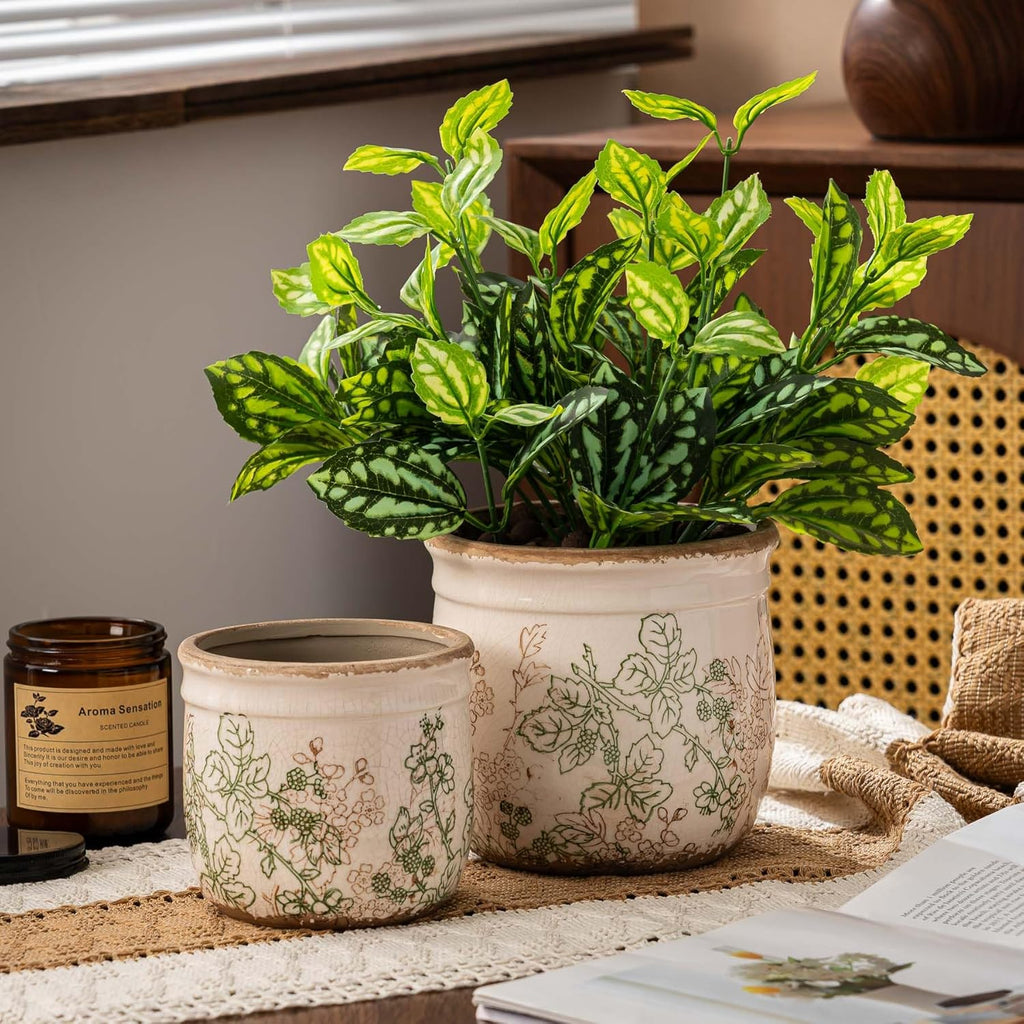 Set of 2 Ceramic Planters for Indoor Plants, 4.7+5.7 Inch Vintage Pots without Drainage Hole , Pastoral Rustic Planter Set, Decorative Ceramic Plant Pots for Flower, Indoor Planter Pots for Home Decor