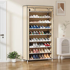 Laiensia 9-Tier Shoe Rack ，Space Saving Shoe Storage Organizer Non-Woven Cover Shoe Shelf Holds 36-45 Pairs for Bedroom, Hallway, Entryway, Beige