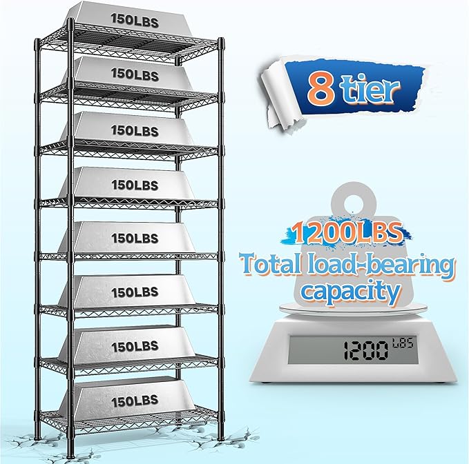 8 Tier Wire Shelving Unit Storage Shelves Loads 1200LBS,Adjustable Metal Shelving and Storage Wire Rack Pantry Shelves Commercial Shelf for Closet Kitchen Bathroom Office 72''H X 13.8''D X 23.6''W