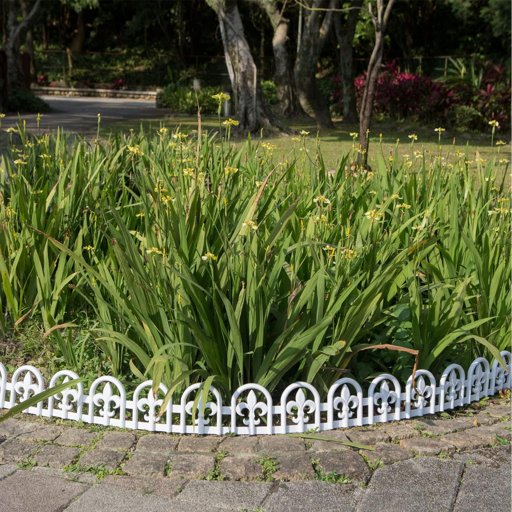 Evelyne White Garden Border Plastic Edging: Wrought Iron Design - 15pcs White Yard Landscaping Fence Liner Lawn Edge Barrier - 20ft Kit of Decorative Lawn Landscape Panels Elements