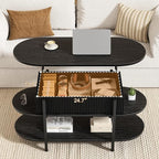 FABATO 41.7" Oval Lift Top Coffee Table, Fluted Wood Center Table with Hidden Storage, 3 Tier Small Tables with Curved Edge, Modern Narrow Coffee Table for Living Room Reception Room, Black