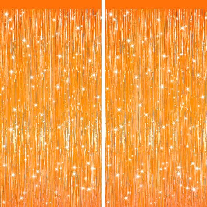 GCB 2Pack Orange Fringe Curtain Party Streamers, Foil Fringe Backdrop Curtains for Birthday Decorations Wedding Graduation Bridal Baby Shower Tinsel Streamers Orange Party Decorations Door Streamer