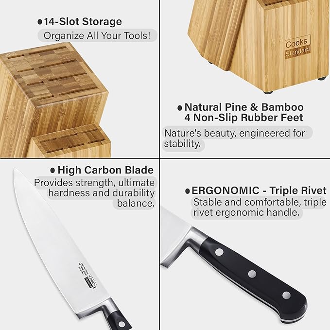 Cooks Standard Kitchen Knife Set with Block 12-Piece, Stainless Steel Forge High Carbon German Blade with Expandable Bamboo Storage Block for Extra Slots, Black