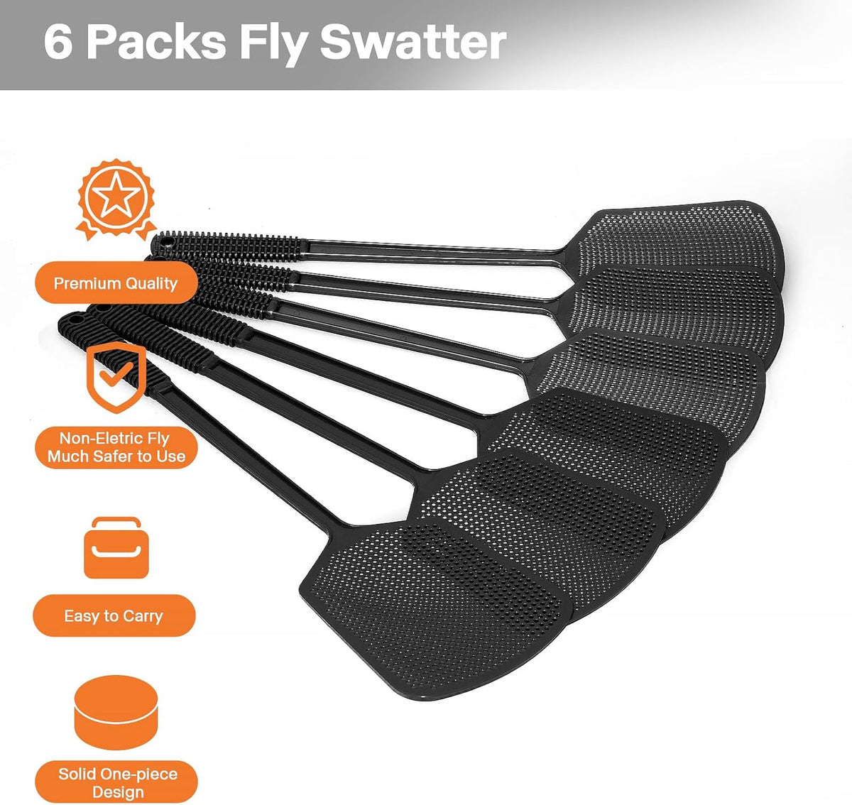 Fly Swatters-Begonia Flexible Heavy Duty Thick Fly Swatters with Bigger Paddle, Black 6 Pack