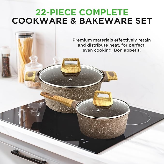 Nutrichef 22-Piece Maroon Marble Non-Stick Cookware and Bakeware Set - Professional Home Kitchen Collection with Multi-Sized Pots, Pans, and Heat-Resistant Tools