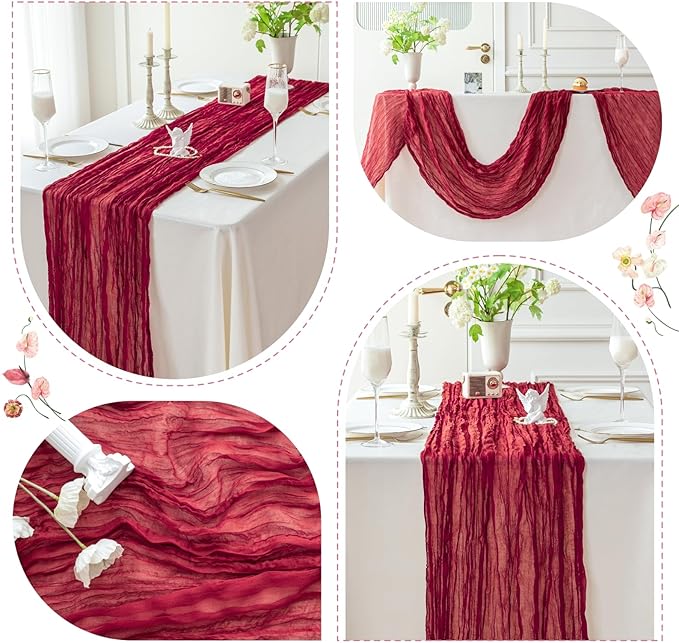 Sioloc Burgundy Red Cheesecloth Table Runner Fall Autumn Decor for Home 10ft Table Cloth for Wedding Birthday Party Bridal Shower Christmas Halloween Thanksgiving