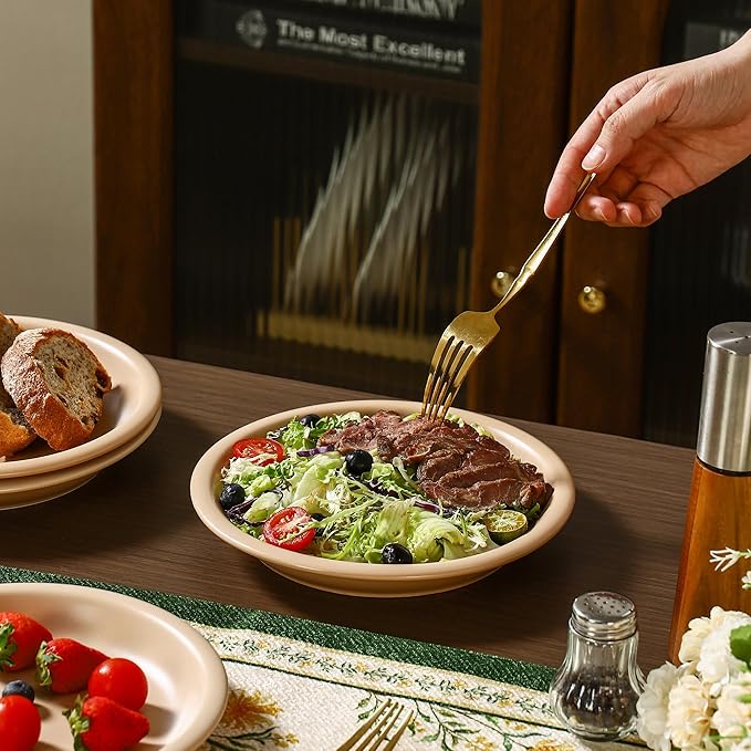 GZG 8 Inch Ceramic Dinner Salad Plates Set of 4, Rustic Matte Glaze Stoneware Dinnerware Set, Microwave & Dishwasher Safe, for Salad, Dessert, Appetizer, Everyday Use(Warm Sand)