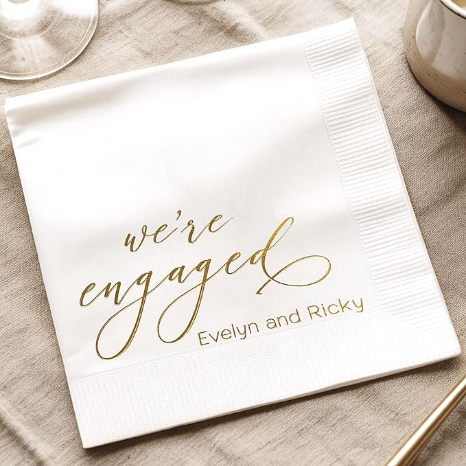 Luxury Personalized Engagement Napkins, We're Engaged, Custom Cocktail Napkins, Beverage Luncheon Cocktail Napkin For Reception, Napkin Decor for Engagement Party, Bridal Shower
