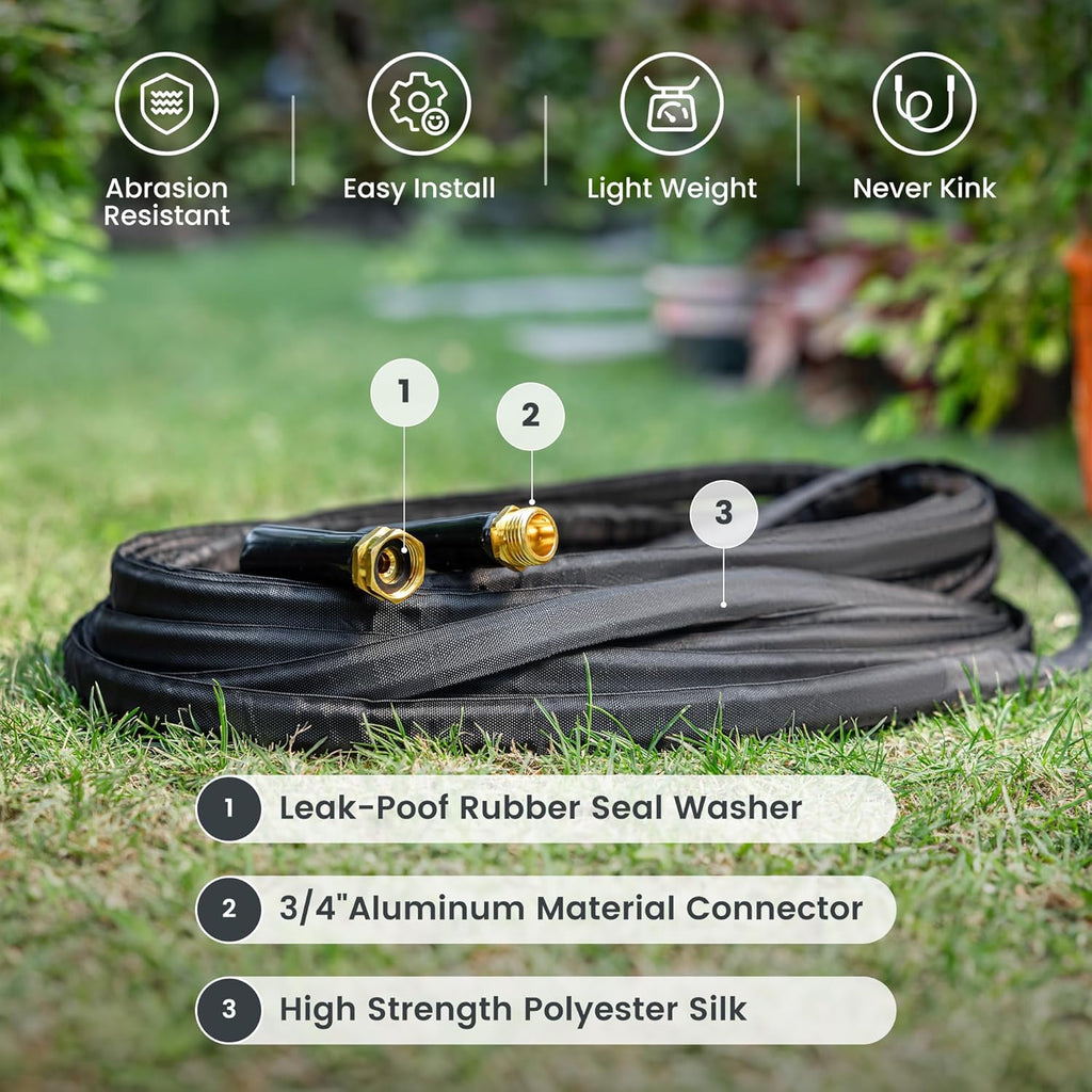 Giraffe Tools Garden Hose 25FT Lightweight Lay Flat Water Hose Kink Free Flexible Hose with 9 Spray Function Nozzle（Black）