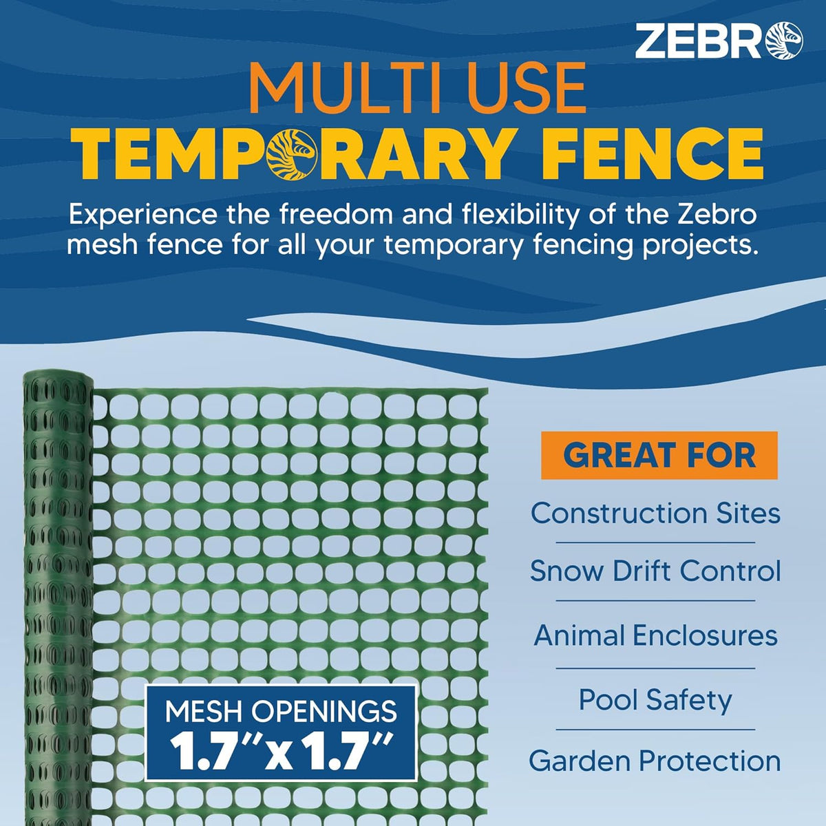 ZEBRO 4' x 50' Green Plastic Garden Fence Roll – Standard Duty Safety Netting for Snow, Poultry, Deer, Dogs – Reusable Outdoor Barrier for Yard, Landscaping, Animal Protection
