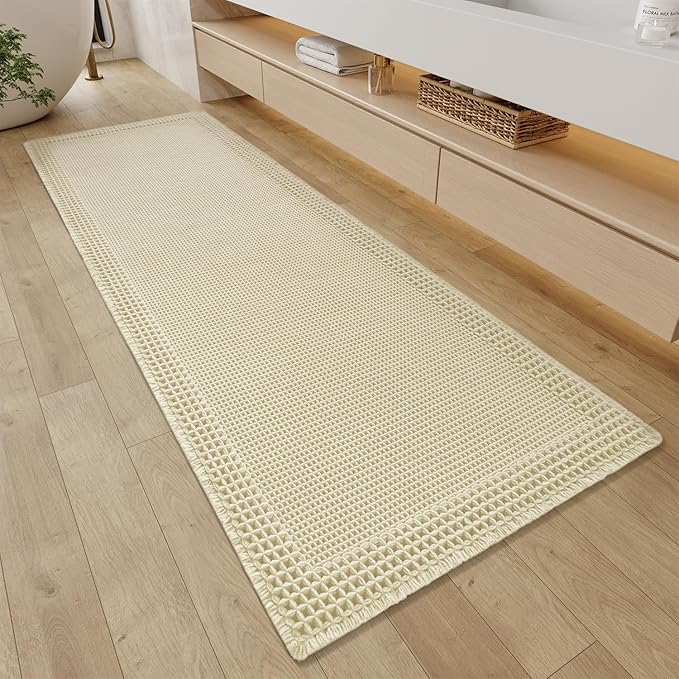 RESARE Waffle Bathroom Runner Rugs, Super Absorbent Bath Mat Non Slip Washable Quick Dry, Ultra Soft Quick Dry Boho Bath Rugs with Tassels for Hallway Bedroom Laundry Room, 2'x6'(24"x72") Cream