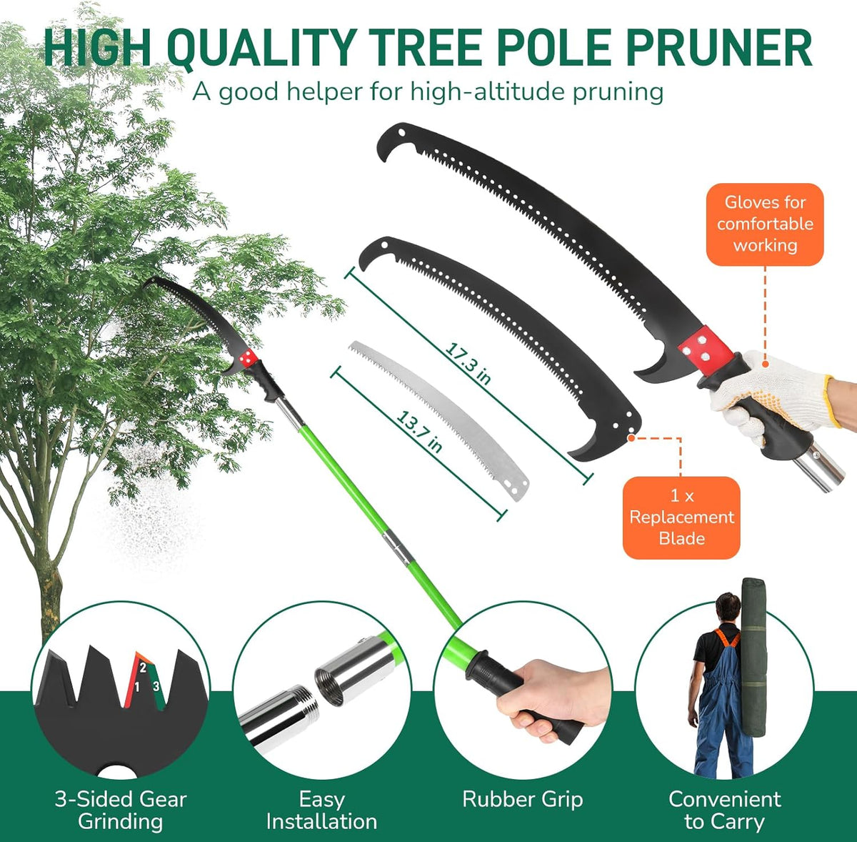 Outvita Manual Pole Saw, 26 Feet Extendable Tree Pruner with Knives and Storage Pocket, Sharp Steel Blade and Scissors High Branches Trimming for Pruning Palms and Shrubs