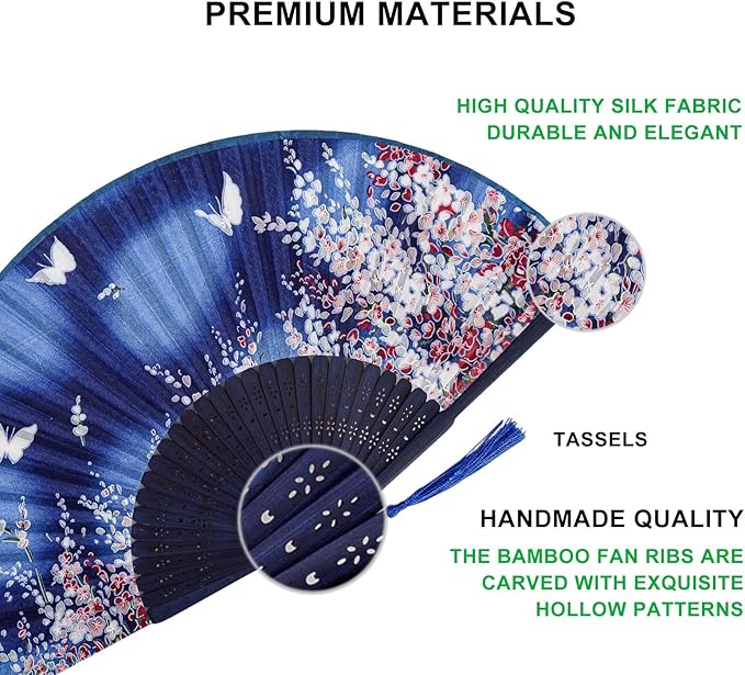 Amajiji 8.27"(21cm) Hand Held Bamboo Silk Folding Fan Hand Fan,Chinese/Japanese Charming Elegant Vintage Retro Style,Women Ladys Girls Best Gifts (Blue Butterfly)