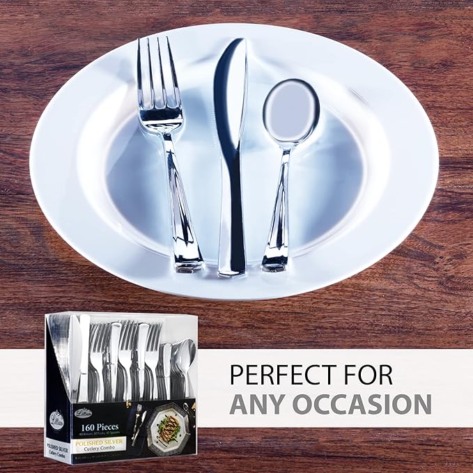 Plastic Cutlery Silverware Extra Heavyweight Disposable Flatware, Full Size Cutlery Combo, Polished Silver, 80 Forks, 40 Spoons, 40 Knifes, Value Pack 160 Count