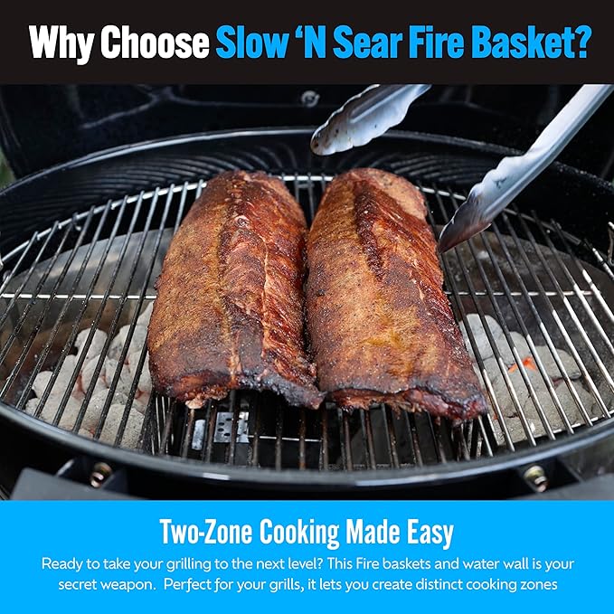 SnS Grills Slow ‘N Sear Charcoal Fire Baskets with Water Pan - Large Capacity Heavy Duty Stainless Steel Outdoor Grill Basket, Kettle Grill Accessory - Compatible with Weber and other Kettles