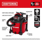 CRAFTSMAN CMXEVBE17595 16 Gallon 6.5 Peak HP Wet Dry Vac, Heavy-Duty Shop Vacuum Wet and Dry with Filter, Dust Bag, Hose and Attachments for Home Projects & Renovations