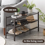 Long Shoe Rack, 3-Tier Bamboo Stackable Shoe Shelf Storage Organizer, Shoe Stand for Closet, Entryway and Hallway