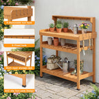 Frogprin Potting Bench Table, Extra-Large Outdoor Garden Potting Bench (HDPS) with 9 Hooks, All-Weather Garden Table Work Station, No Rust, No Fade, No Break (Teak, 35.6''X16.5''X45.5'')