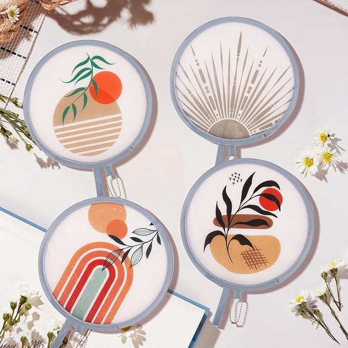 4Pcs Bohemian Round Foldable Hand Fan Japanese Foldable Fan Style Handheld Compact Cooling Fans,Round Folding Fan for Outdoor Games,Xmas Decoration,Festival,Party Favors,Travel,Events