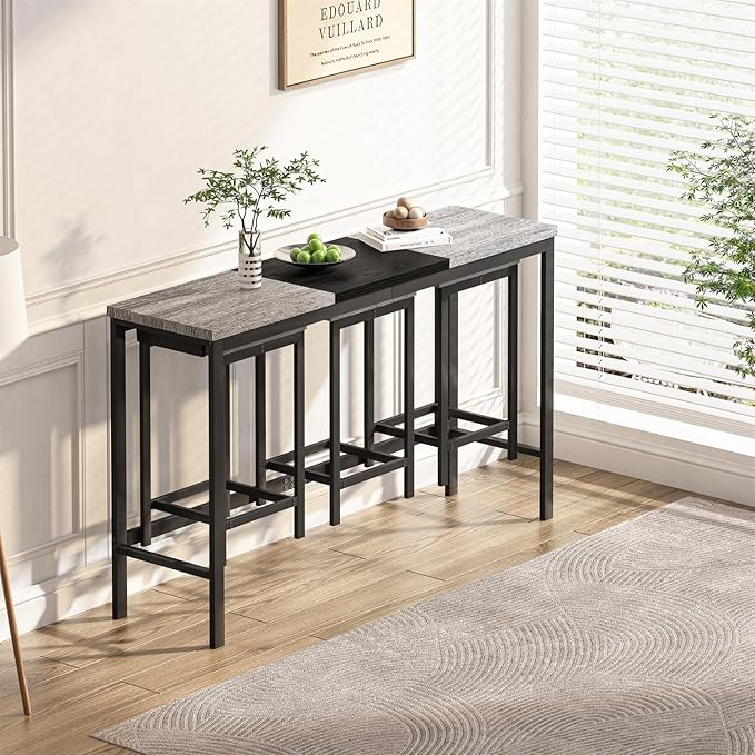 Harper & Bright Designs 4-Piece Dining Table Set, 60.2" L Wood Dining Table with 3 Stools and Metal Frame for Kitchen Dining Room, Convenient Hanging Stool Design, Grey+Black