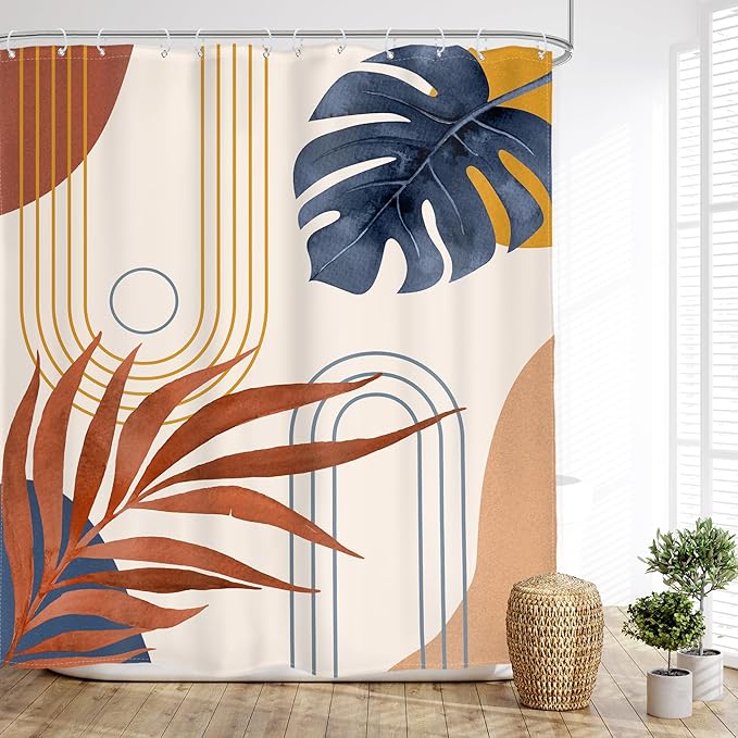 Glawry Abstract Tropical Shower Curtain Watercolor Navy Blue Brown Boho Palm Leaf Simple Minimalist Chic Bathroom Modern Botanical 60Wx72L Inches Bath Accessories Art Home Decor Fabric 12 Pack Hooks