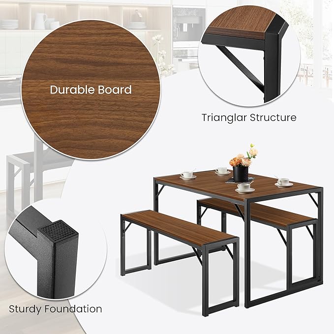 SHA CERLIN Kitchen Dining Table Set for 4 with Benches, Rustic Small Space Saving Dinette, Heavy Duty Metal Frame