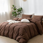 MooMee Bedding Duvet Cover Set 100% Washed Cotton Linen Like Textured Breathable Durable Soft Comfy (Solid Cocoa Brown, Queen 90"x90")