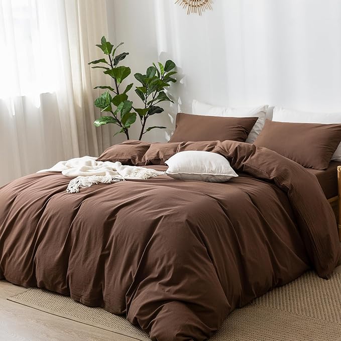 MooMee Bedding Duvet Cover Set 100% Washed Cotton Linen Like Textured Breathable Durable Soft Comfy (Solid Cocoa Brown, Queen 90"x90")