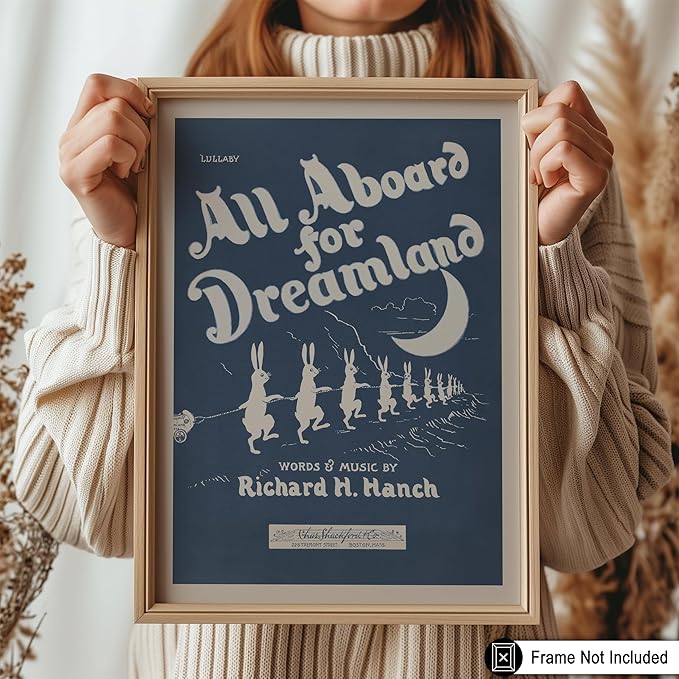 Poster Master All Aboard For Dreamland Poster - Retro Children's Lullaby Print - Story Book Art - Bunny Art - Rabbit Art - Aesthetic Art - Kid's Bedroom or Nursery Wall Decor, 18x24 Unframed Wall Art