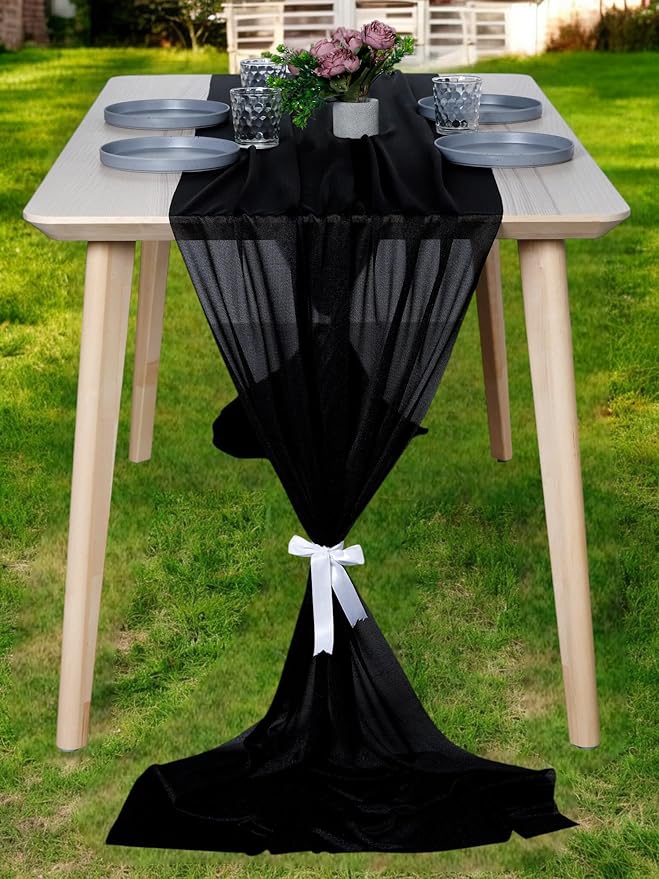 MDS Halloween Chiffon Table Runner - 25 Pack, 29 x 170 Inches, 14ft Each - Sheer Spooky Table Runners for Haunted House Parties, Trick-or-Treat Tables, Witchy Décor, Wedding & Events - Black