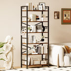 6 Tier Bookshelf, Industrial Bookcase with 8 Hooks, Vintage Storage Rack with Open Shelves, Rustic Standing Bookshelves Metal Frame Display Rack for Living Room, Bedroom, Rustic Brown