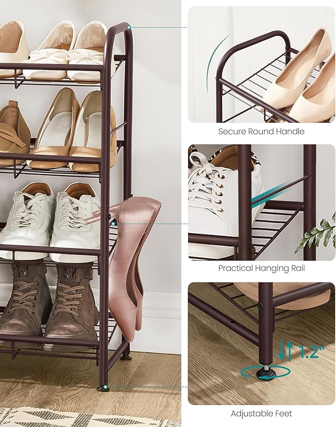 SONGMICS Stackable Shoe Rack, 4 Tier Metal Shoes Rack Storage Shelf, Holds up to 20 Pairs Shoes, Adjustable Slanted Shelves Tower Organizer for Closet Entryway Small Spaces, Bronze