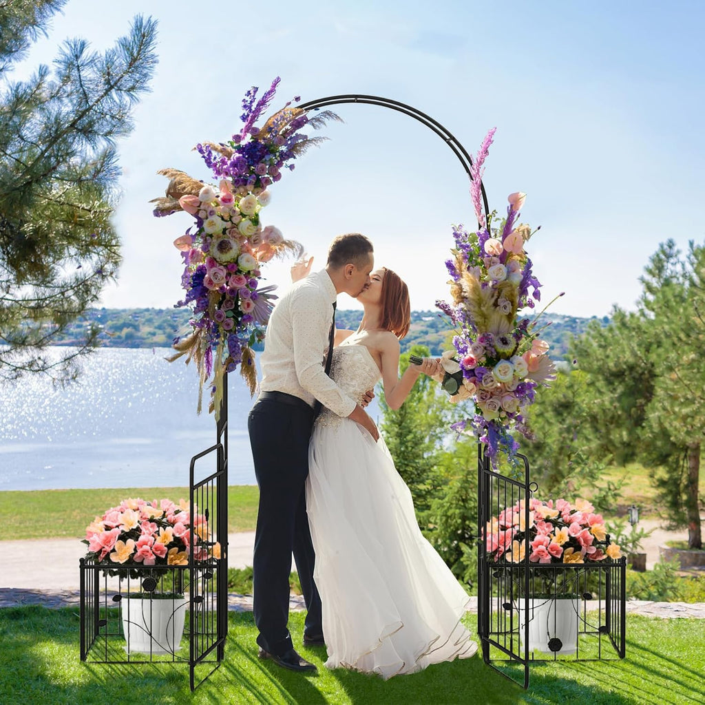 Moccha Garden Arch with Gate and Planter Boxes - 87" Metal Arbor Trellis for Climbing Plants Rose Vine, Heavy-Duty Archway Pergola, Garden Arbor for Wedding Ceremony Decoration Lawn Patio Bridal Party