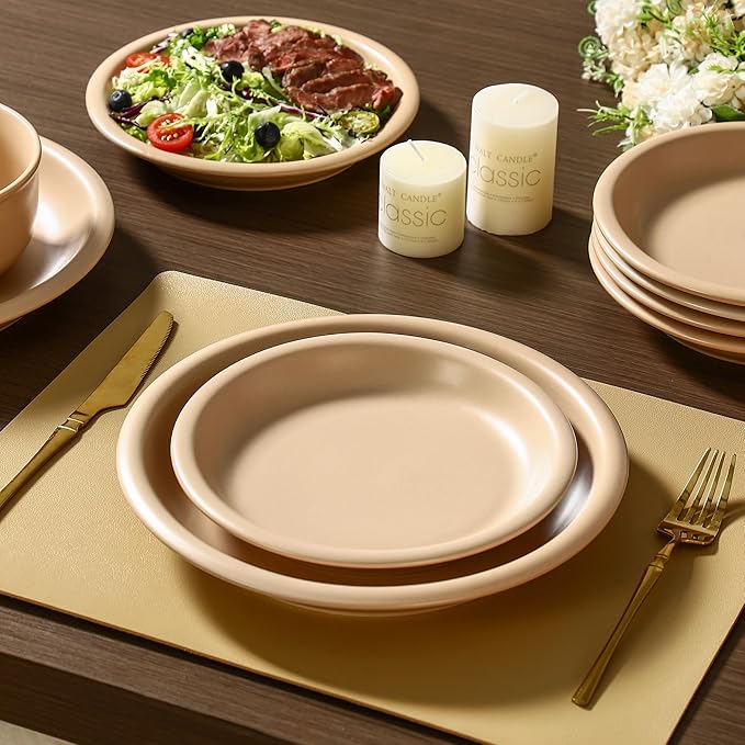 GZG 8 Inch Ceramic Dinner Salad Plates Set of 4, Rustic Matte Glaze Stoneware Dinnerware Set, Microwave & Dishwasher Safe, for Salad, Dessert, Appetizer, Everyday Use(Warm Sand)