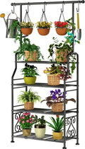 GIOTORENT Plant Stand Indoor Outdoor, 4-Tier Heavy Duty Metal Shelves, Display up to 17 Multiple Plants, Tall Plant Holder with Plant Hanger, Suit for Patio Living Room Garden Balcony, 5 Hooks, Black