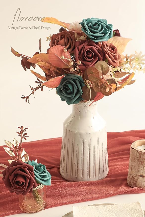 Floroom Artificial Flowers 25pcs Real Looking Teal Green Terracotta Ombre Colors Foam Fake Roses with Stems for DIY Wedding Bouquets Bridal Shower Centerpieces Floral Arrangements Tables Decoration