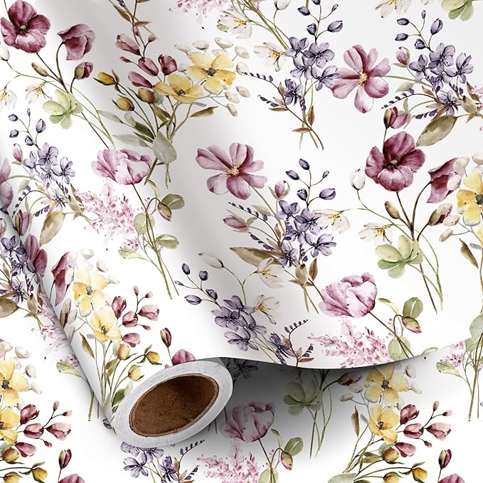 RUSPEPA Floral Wrapping Paper Roll Women Girls, Mini Roll, Watercolor Wild Flower with Delicate Leaf Gift Wrap Paper for Wedding, Birthday, Mother's Day, Spring, Bridal Shower, 17 Inch X 16.4 Feet