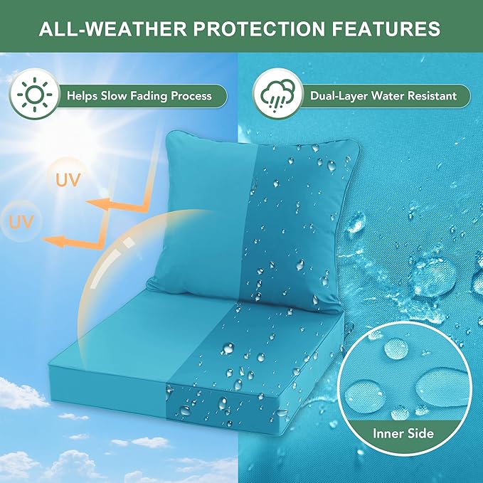 Summsun Outdoor Chair Cushions Set of 4, Waterproof Backrest and Seat Cushion Set for Patio Furniture, Outdoor Replacement Cushions with Removable Cover, 19 x 19 Inch, Teal