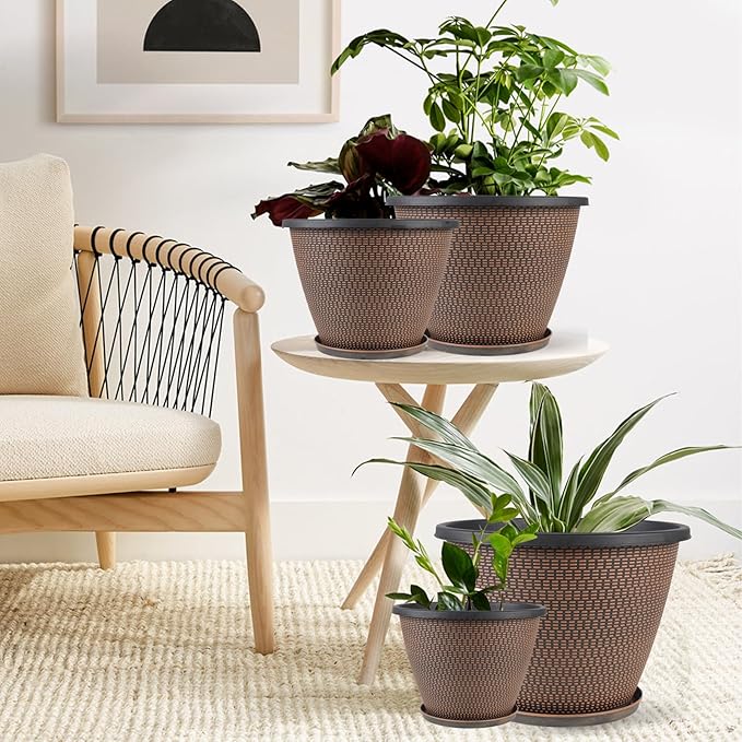 4 Pack 10 inch Plant Pot for Outdoor Indoor, Plastic Flower Pots with Drainage Holes & Saucers, Lightweight Large Outdoor Planter Pot, Imitation Knit Pots for Garden House Planters (Black Copper)