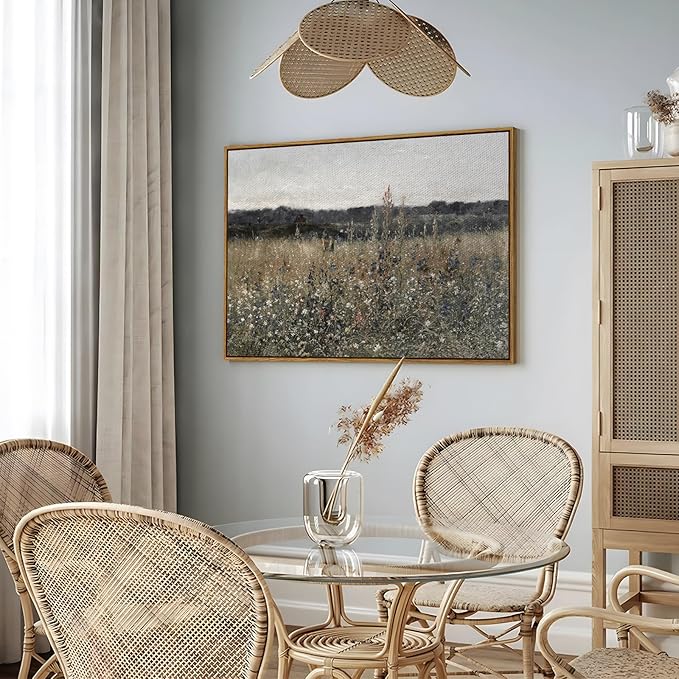 InSimSea Framed Canvas Wall Art, Landscape Art, Meadow with Flowers, Modern Farmhouse Decor, Cottagecore Bedroom Bathroom Office Decor, 24"x36"