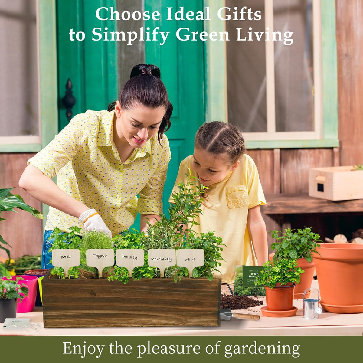 5 Herb Garden Planter Indoor with Wooden Box, Home Kitchen Seed Starter Kit Including Basil, Thyme, Parsley, Rosemary, Mint, Birthday, Mothers Day, House Warming, Gardening Gifts for Women, Mom