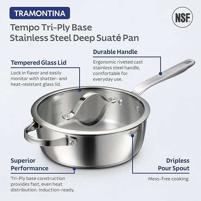 Tramontina Tempo Tri-Ply Base Stainless Steel 3.5-Quart Saute Pan with Glass Lid, Induction-Ready Cooking Pan, Oven-Safe, Dishwasher-Safe
