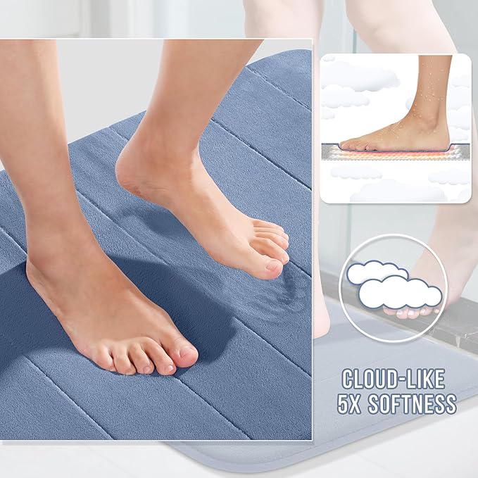 Yimobra Memory Foam Bath Mat, Super Soft Absorbent Bathroom Rug Non Slip 31.5x20 Inch, Quick Dry, Machine Washable Floor Carpet for Tub Shower, Home Decor Accessories, Denim Blue