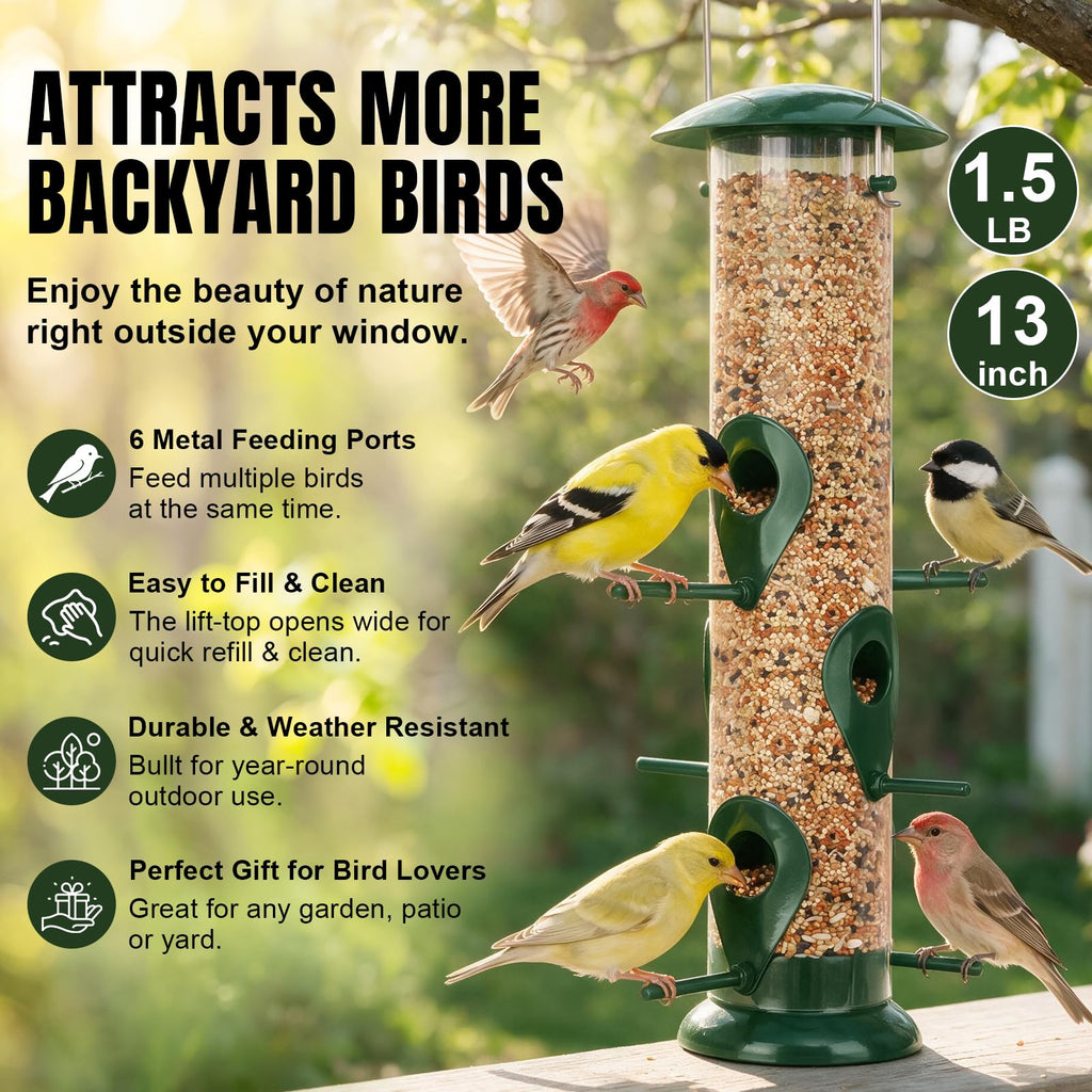 FEED GARDEN Metal Bird Feeder- 6 Port Tube Feeder for Outdoors with Metal Lid, Easy Fill & Clean, Weather Resistant, 13 Inch