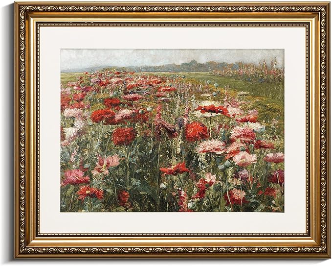 VIYYIEA Gold Framed Wall Art Canvas Print Home Decor Red Poppies Oil Paintings Classical Floral Wall Pictures for Bedroom Bathroom Living Room Flower Canvas Prints Artwork Vintage Gifts 13x16in