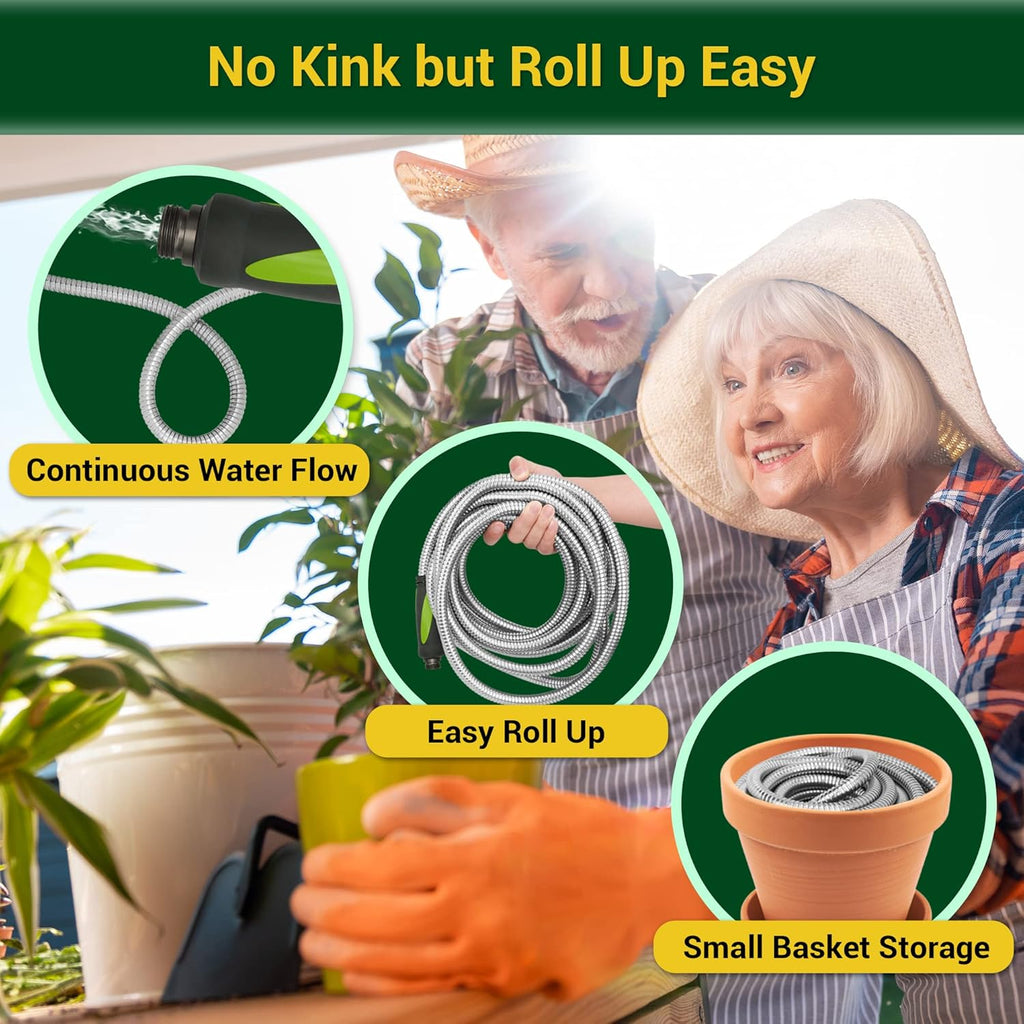 Garden Hose - Water Hose 25 FT with Swivel Handle, Flexible, Heavy Duty, No Kink, Lightweight Metal Hose for Outdoor, Yard, 304 Stainless Stee
