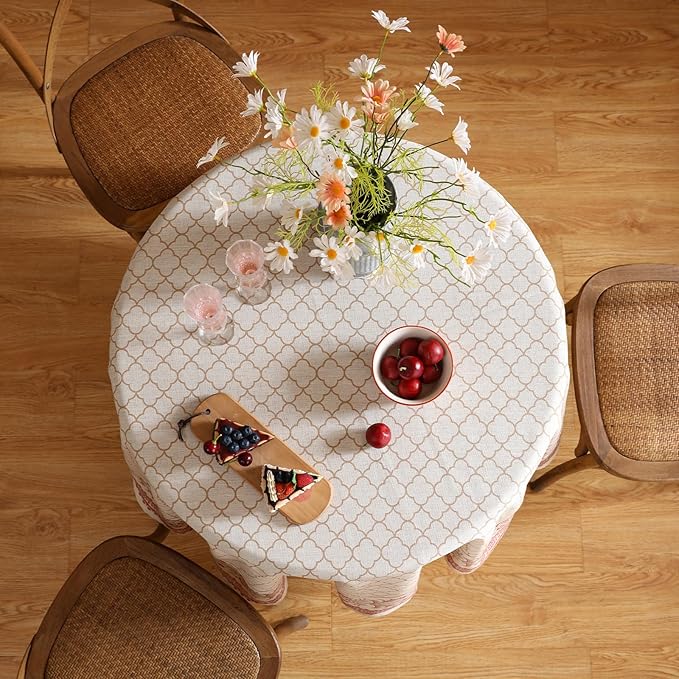 ISAENNE Designer Linen Floral Round Tablecloth,Pale Yellow Elegant Farmhouse Indoor Table Cloth,Durable Decor Tablecloths for Dining Kitchen Thanksgiving Christmas,Diameter 67"-Chamonix A
